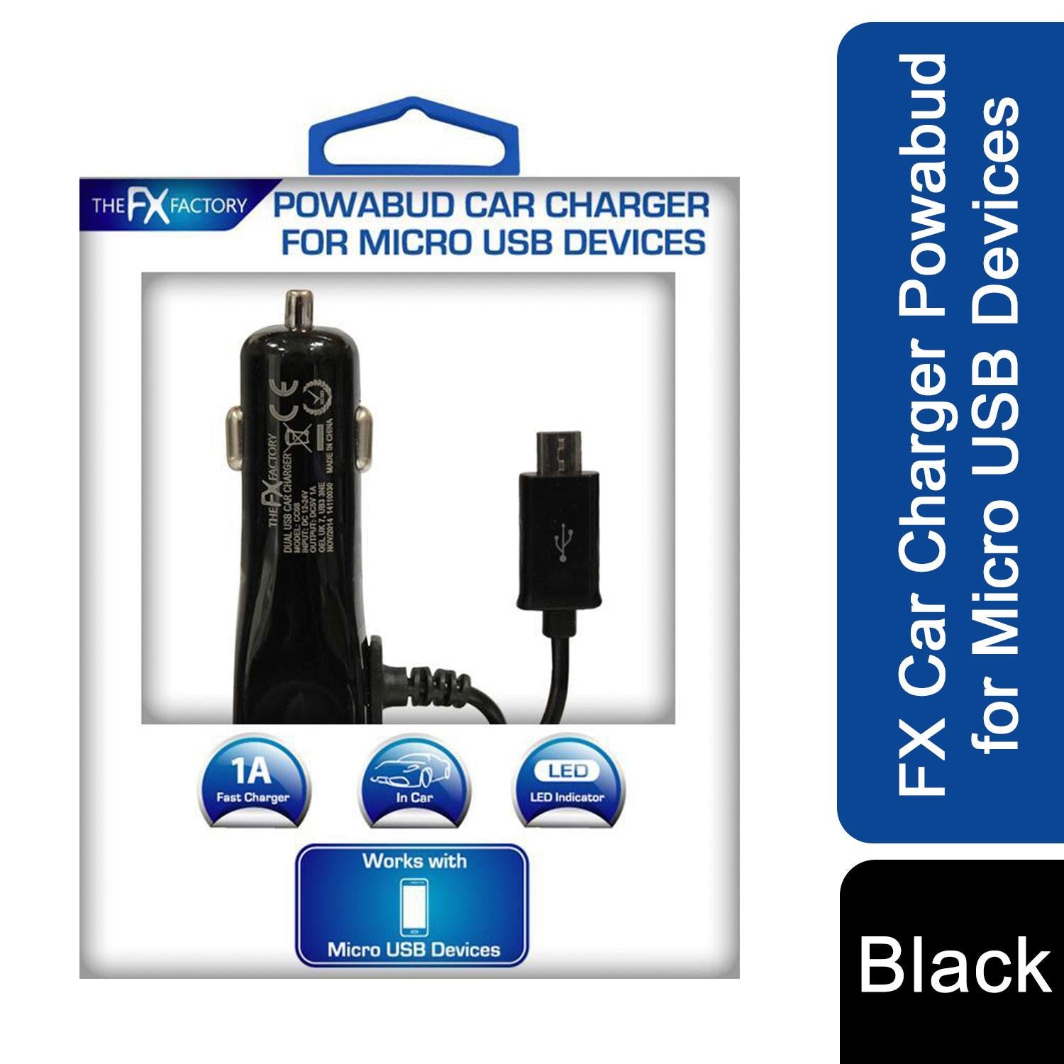 FX Car Charger for Micro USB Devices, 5V 1000mA, LED Power Indicator, Compact USB Car Charger