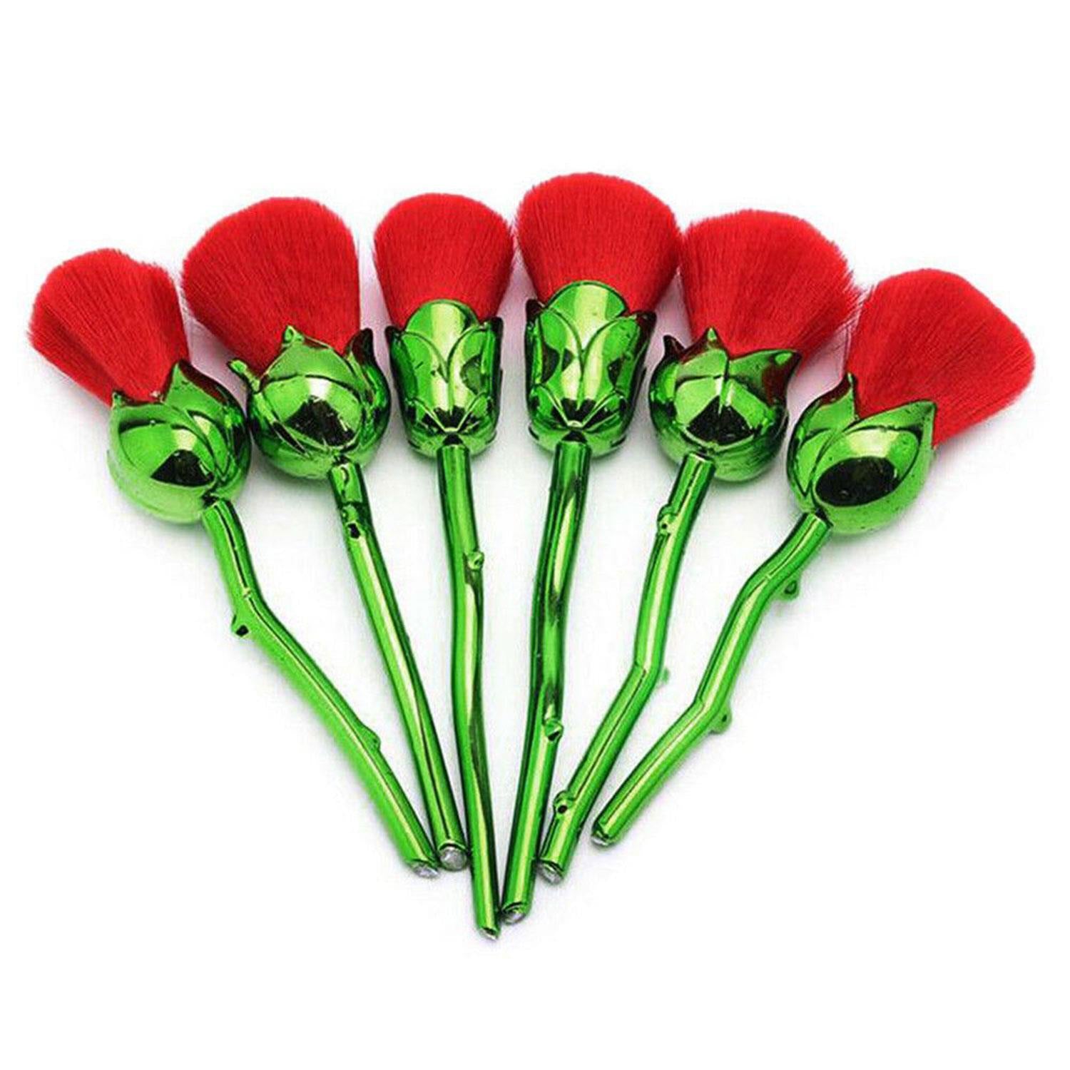 6-Piece Rose Makeup Brush Set with Synthetic Fiber Hair and Glossy Handles