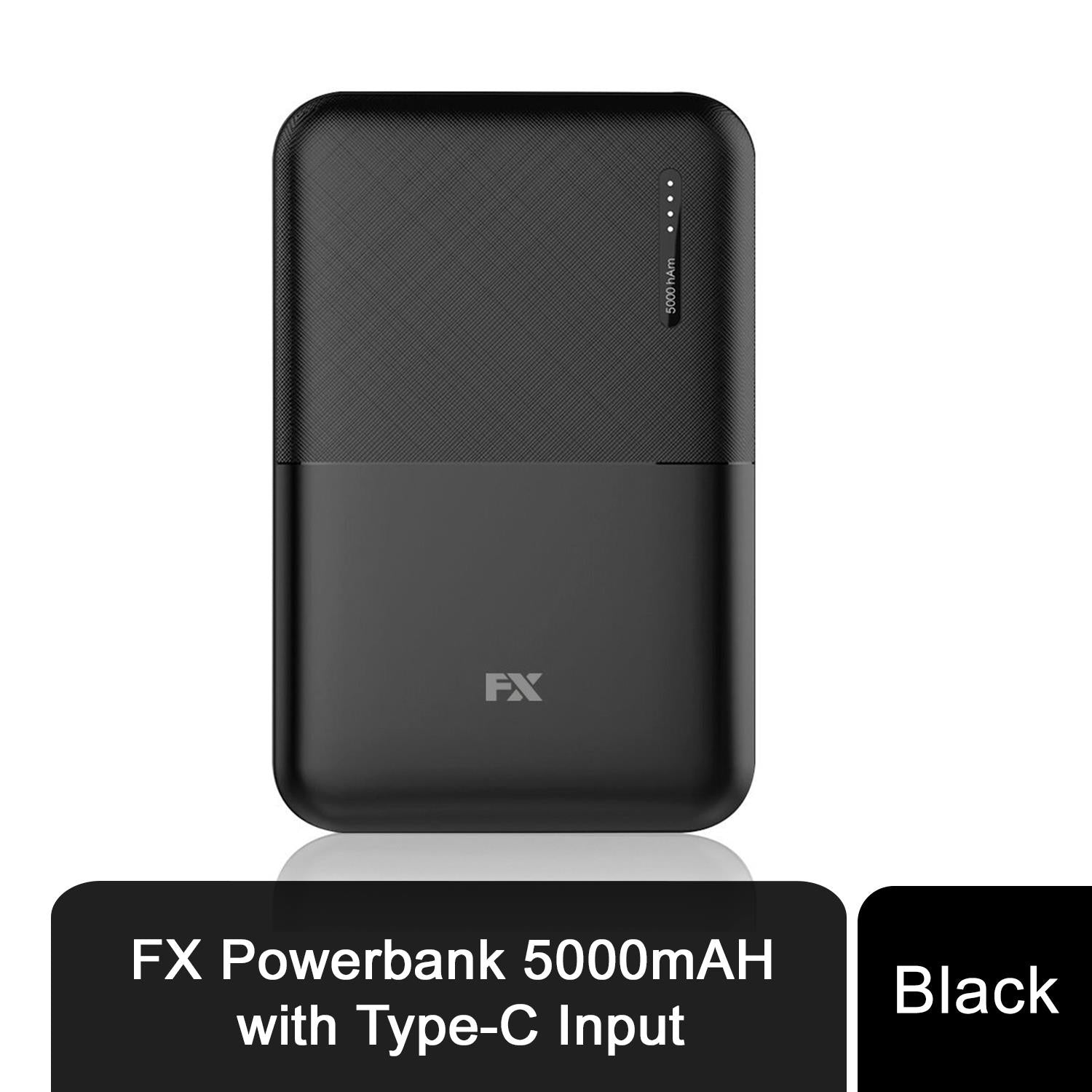 FX 5000mAh Power Bank with USB-C and Micro USB Inputs, Black