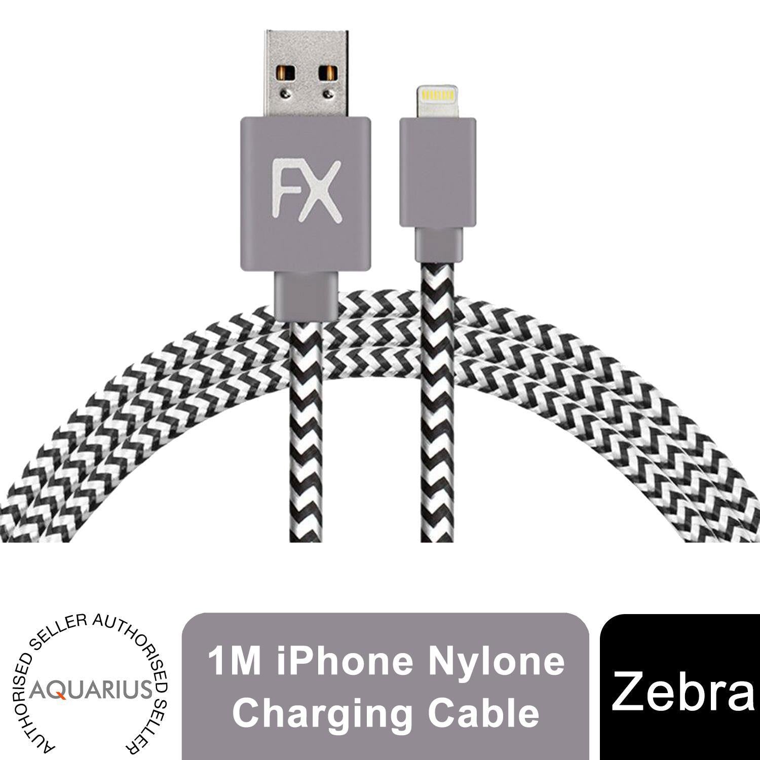 Aquarius 1m Nylon Braided USB Lightning Charging Cable, Zebra