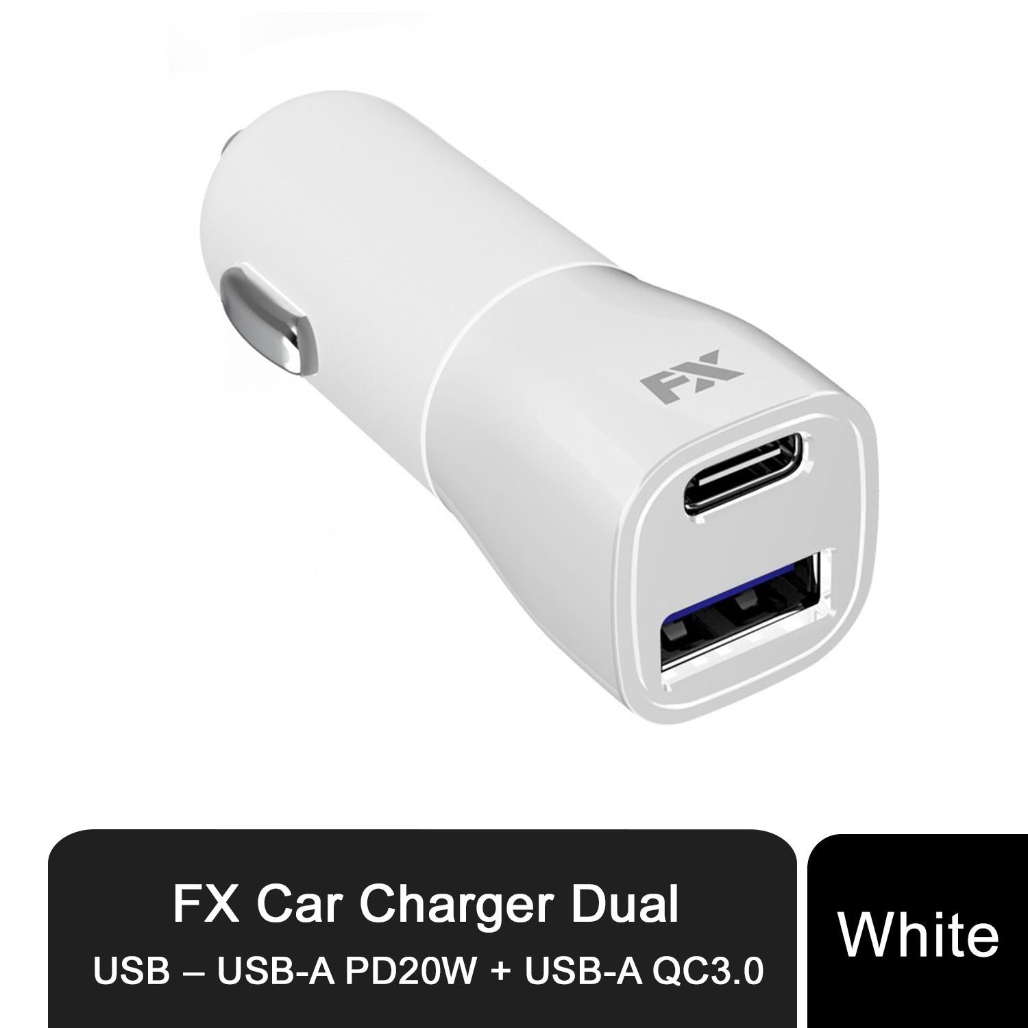 FX Car Fast Charger Dual USB, USB-C PD20W & USB-A QC3.0, White