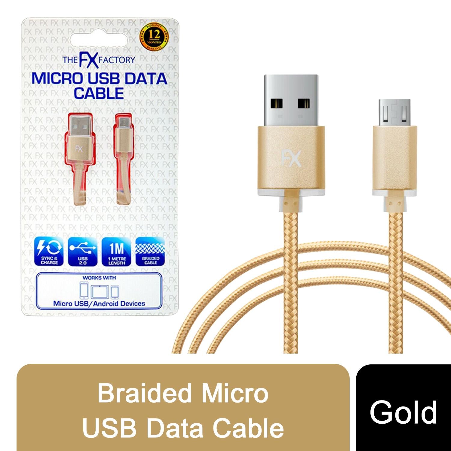 FX Braided Micro USB Data Cable, 1m, Nylon Braided, Sync & Charge, USB 2.0