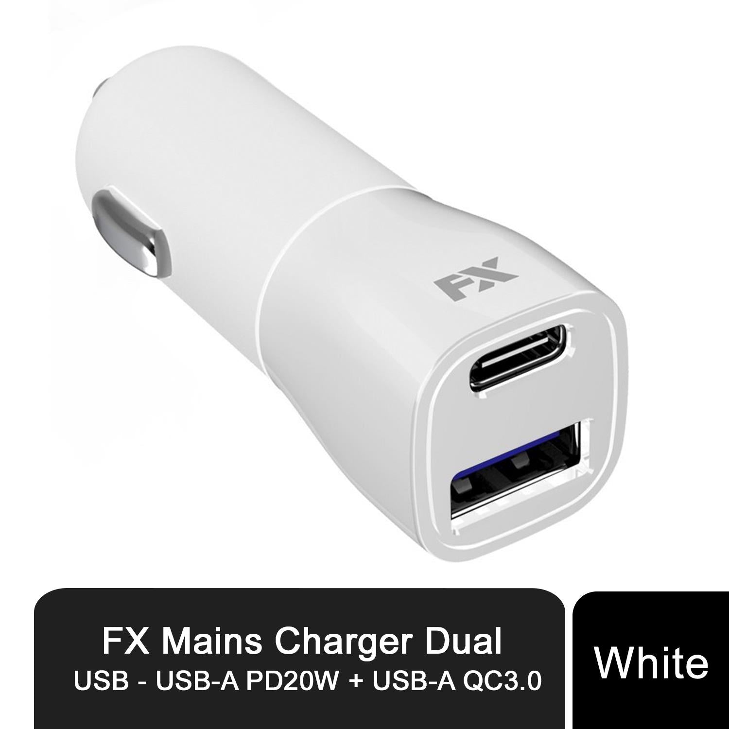 FX Mains Dual USB Fast Charger, USB-C PD 20W and USB-A QC 3.0, White