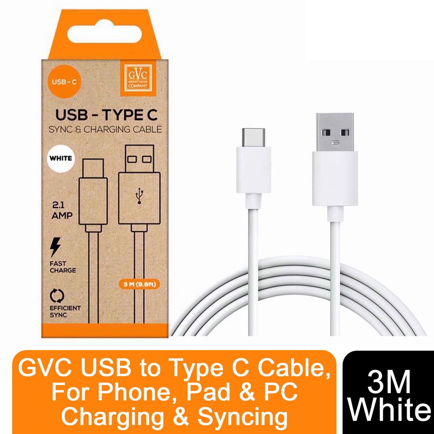 GVC USB to Type C Cable, 3m, for Charging and Syncing, White