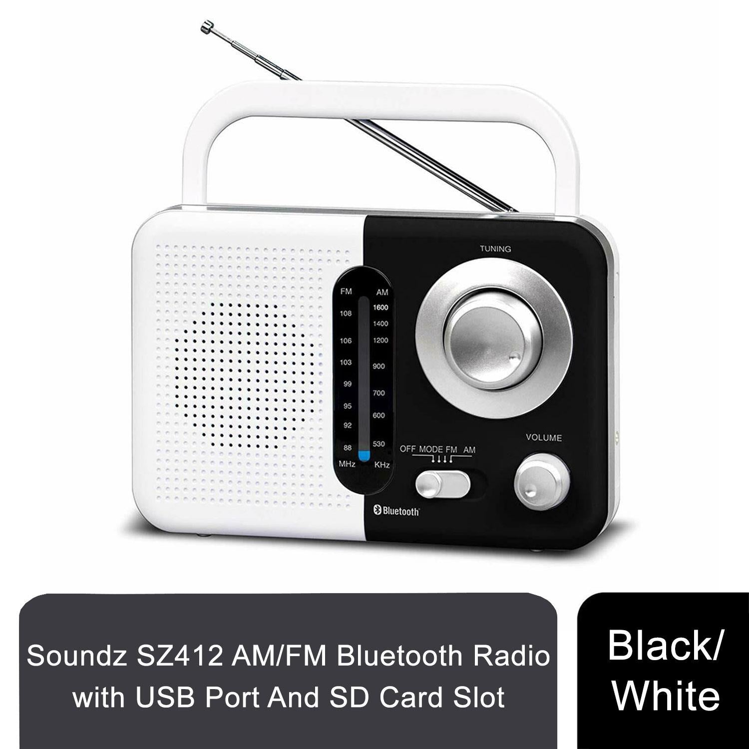 Soundz SZ412 Portable AM/FM Bluetooth Radio with USB Port, SD Card Slot and Built-In Speaker