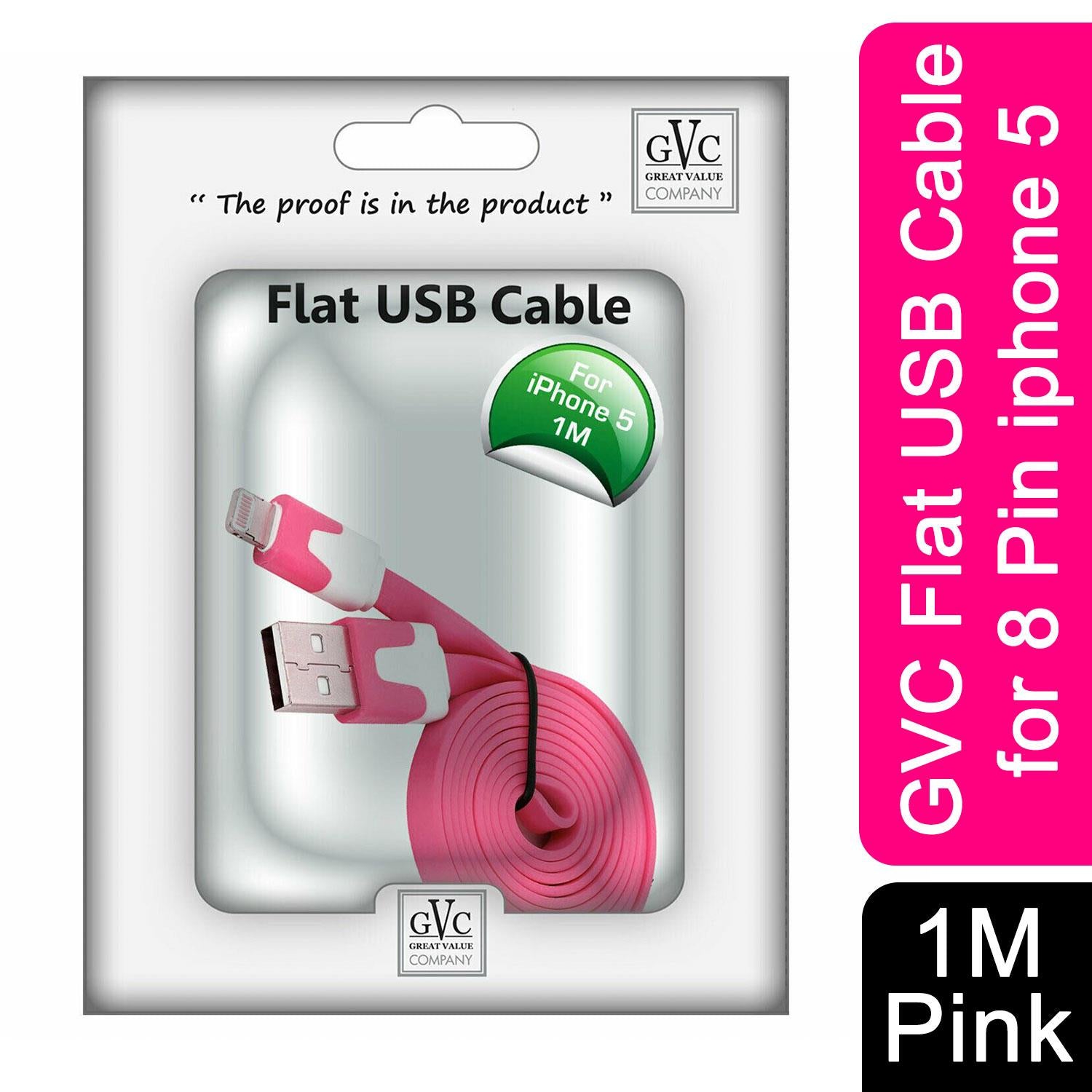 GVC 1 Metre Tangle Free Flat USB to 8 Pin Cable for Syncing and Charging, Pink