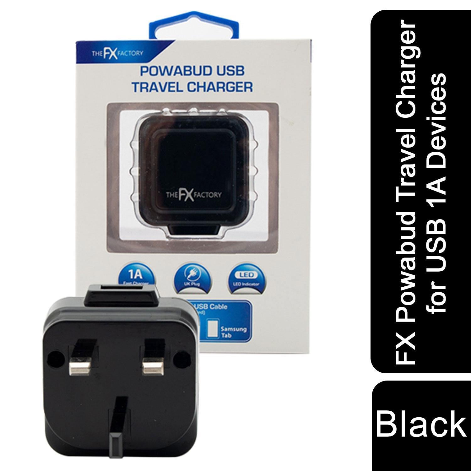 FX Powabud USB Mains Charger 1A for USB Devices, Black