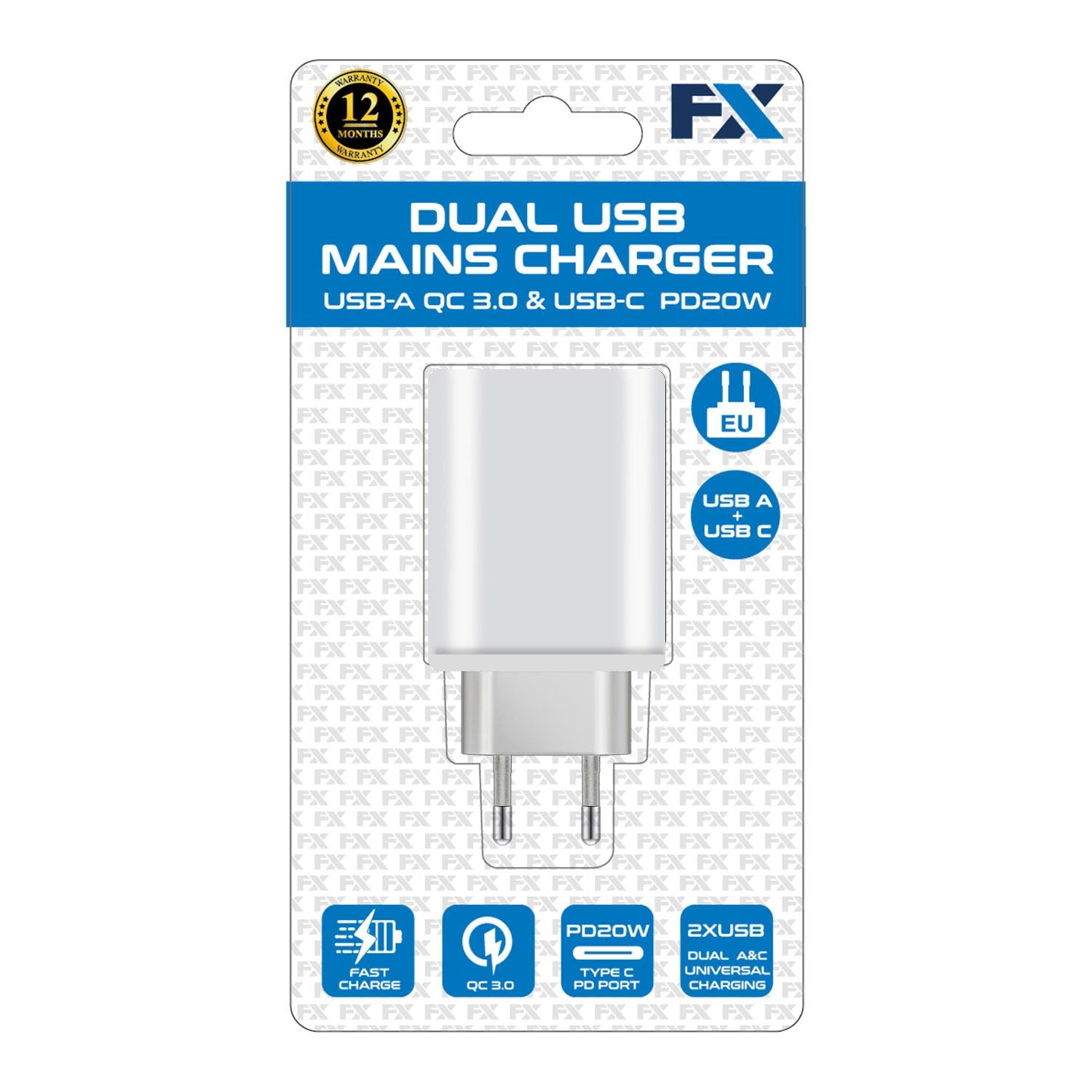 FX Dual EU Main Charger with USB-C and USB-A, White