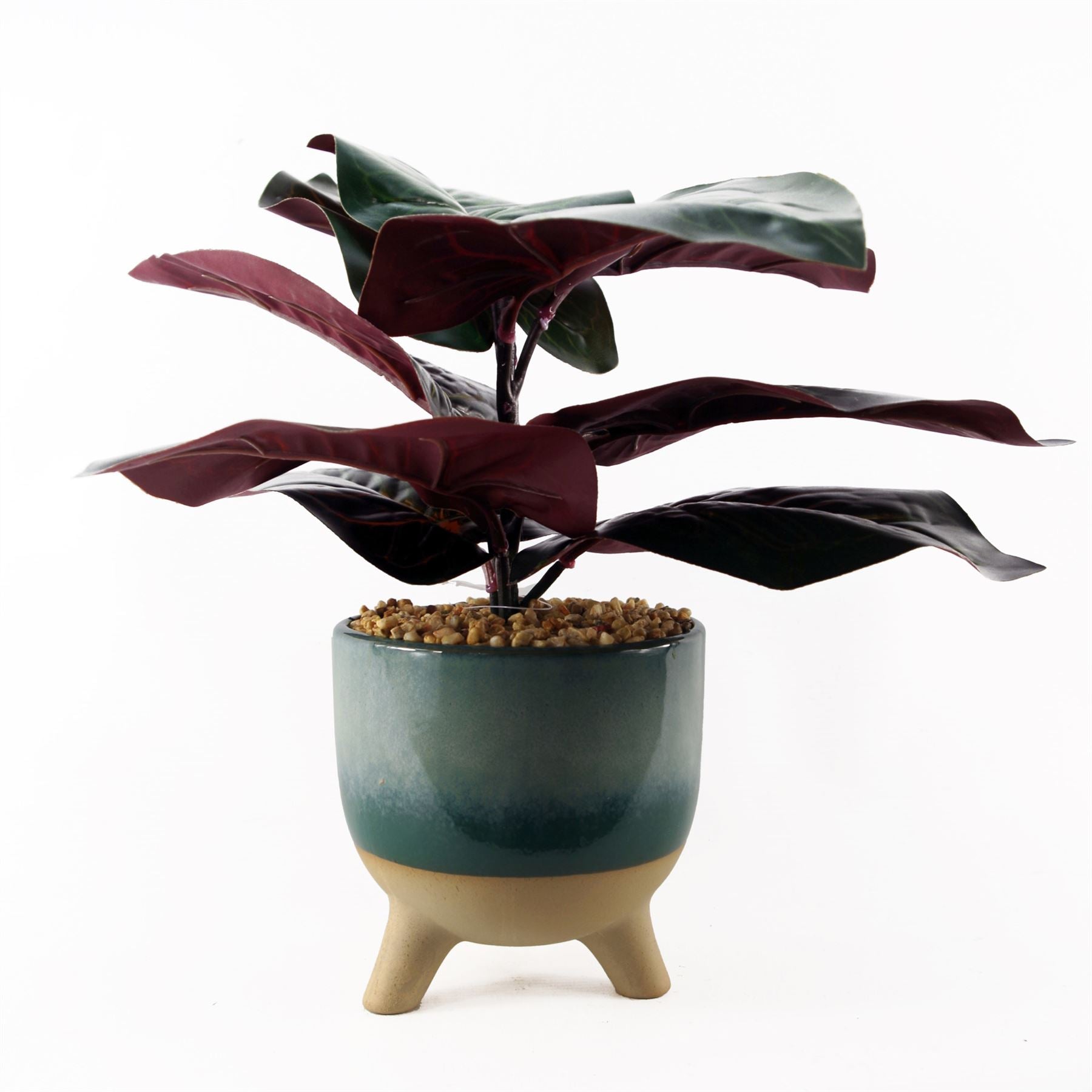 Leaf 35cm Artificial Ficus Plant in Decorative Three-Legged Ceramic Planter with Pebbles