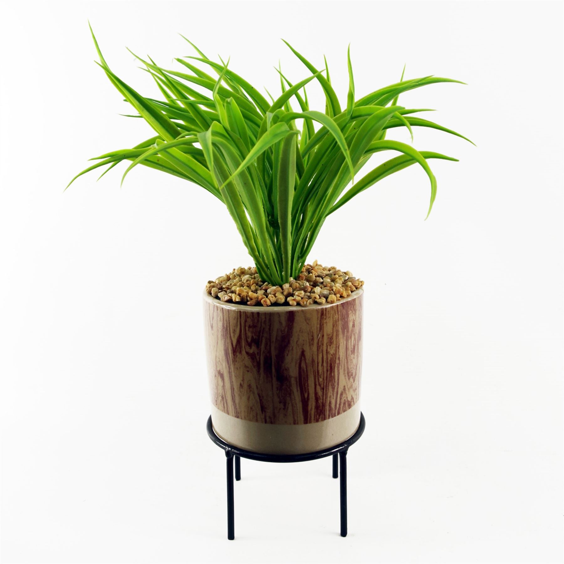Leaf 35cm Artificial Grass in Ceramic Planter with Metal Stand and Pebbles