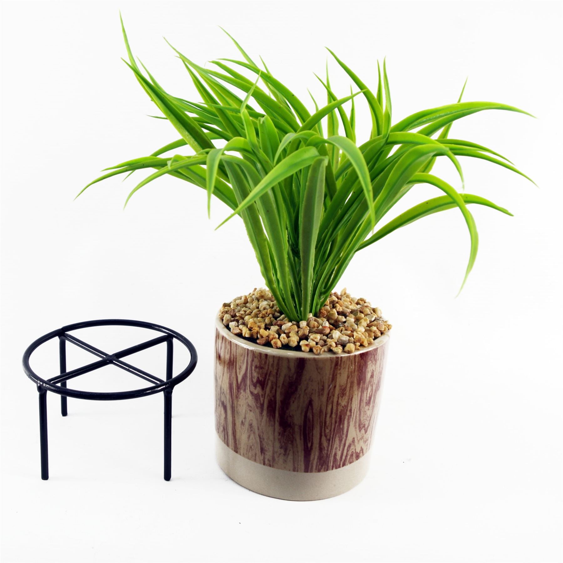 Leaf 35cm Artificial Grass in Ceramic Planter with Metal Stand and Pebbles