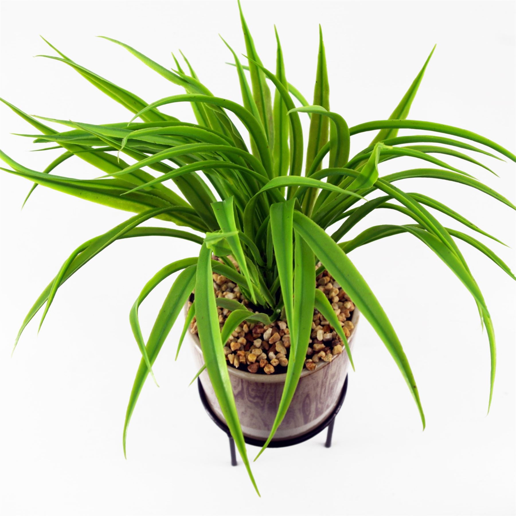 Leaf 35cm Artificial Grass in Ceramic Planter with Metal Stand and Pebbles