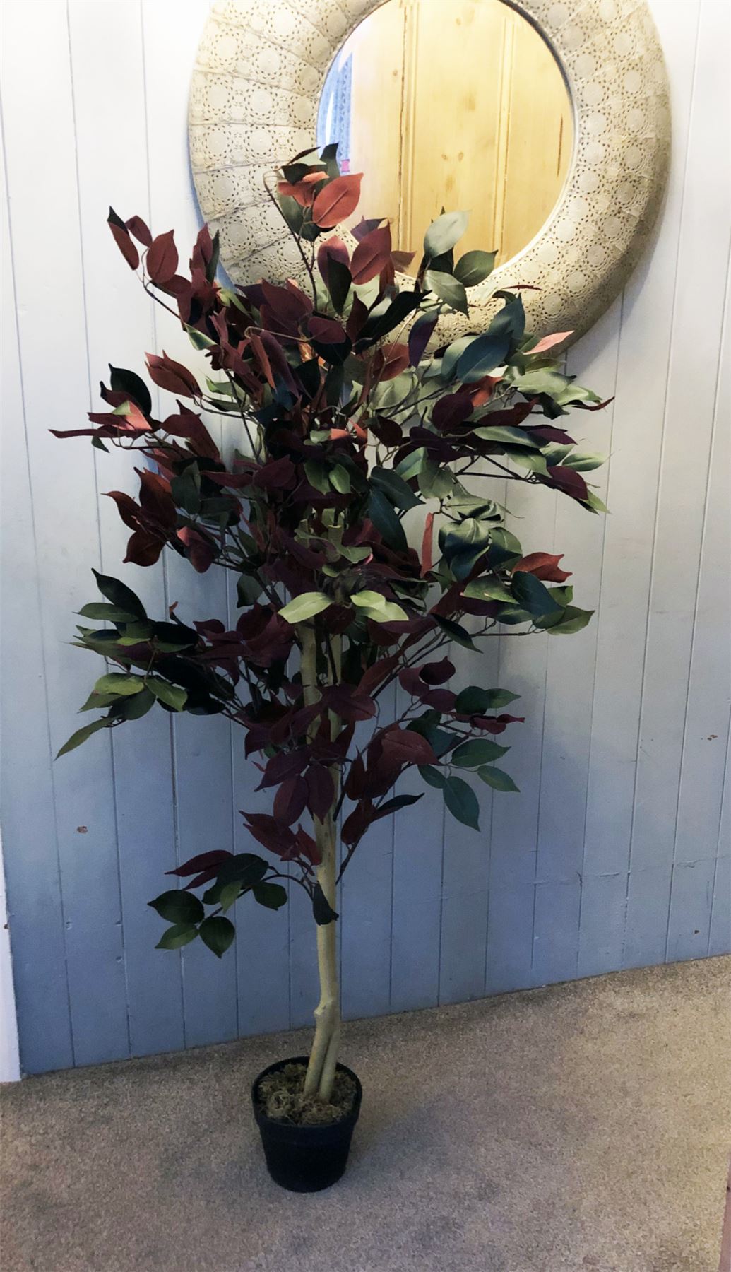 Leaf 120cm (4ft) Artificial Dark Red and Green Capensia Tree, Extra Large, Real Wood Trunk, Weighted Pot