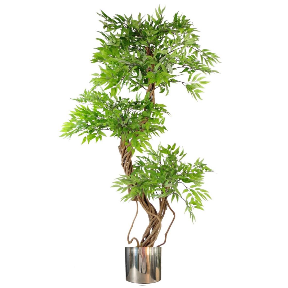 140cm Realistic Artificial Japanese Ficus Tree with Premium Metal Planter, Green Silver