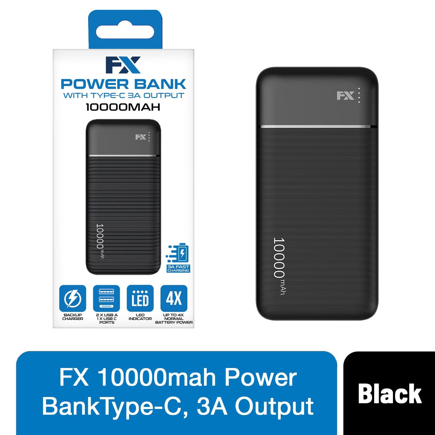 FX 10000mAh Power Bank with 3A Type-C Fast Charging, 2 USB Outputs, Black