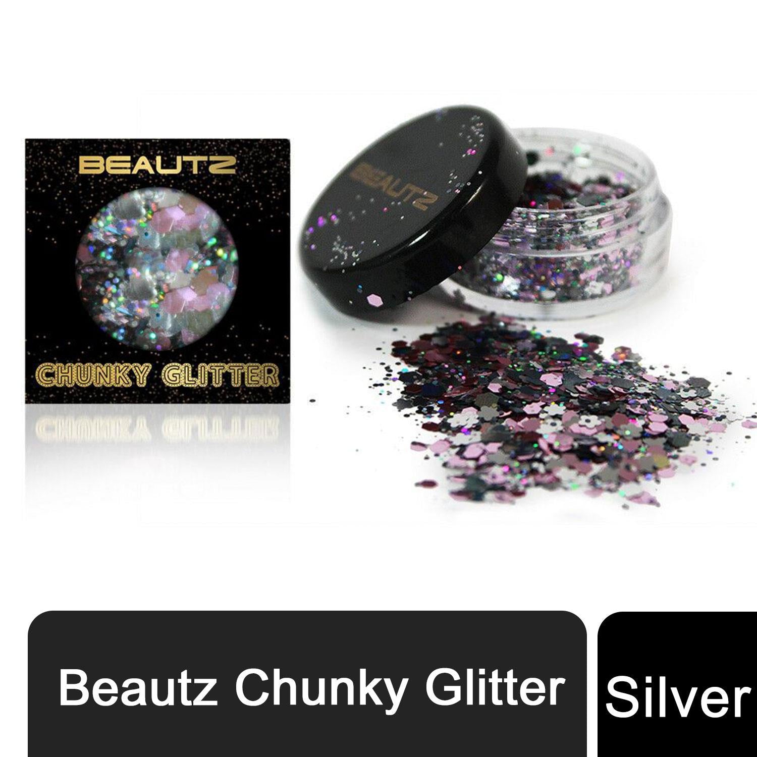 Beautz Chunky Glitter 10ml Pot with 5g Cosmetic Glitter - Silver