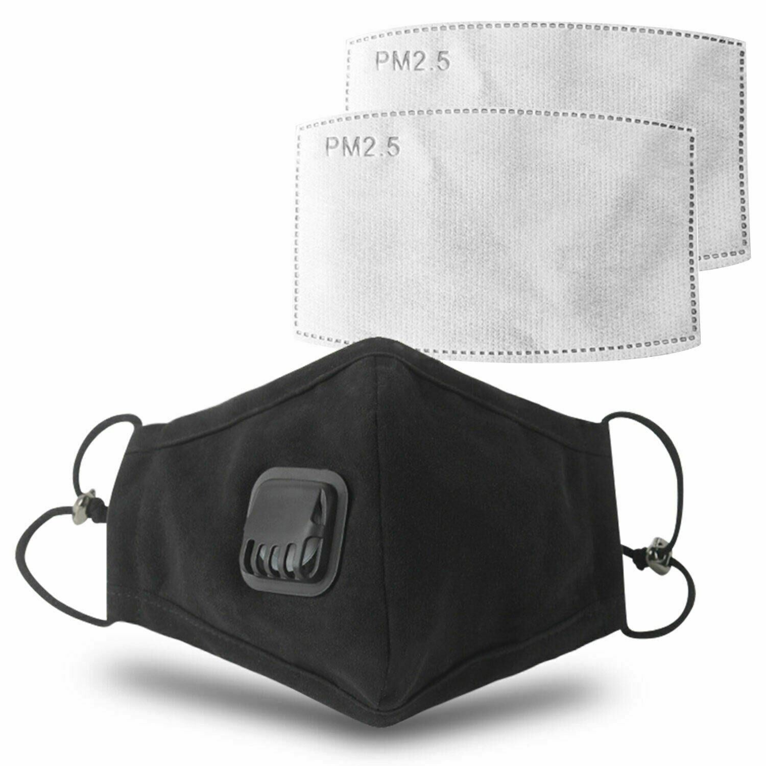Anti-Pollution Washable Cotton Mouth Mask with Valve and Replaceable Filter, Black