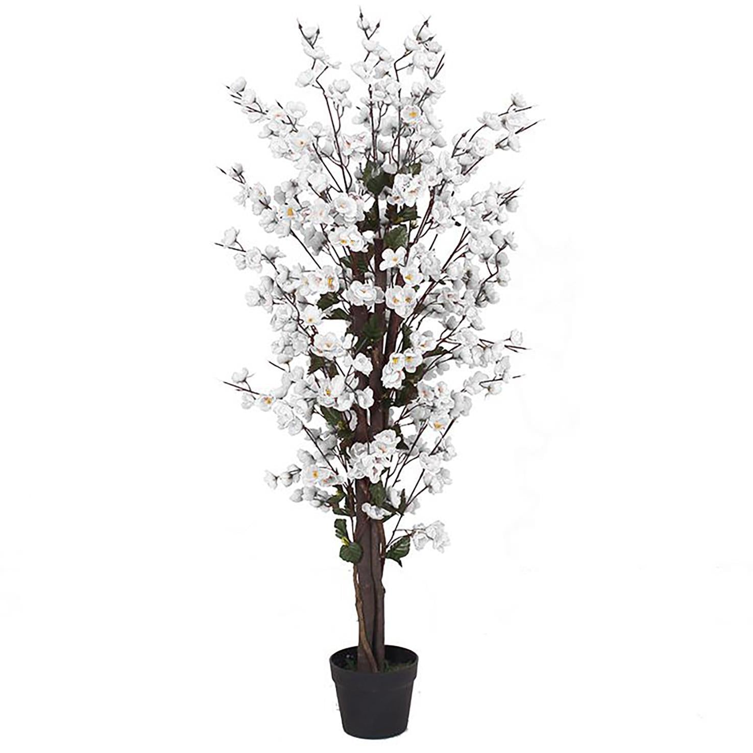 120cm Artificial White Blossom Tree by Leaf Design UK in Plain Plastic Pot, Fully Assembled