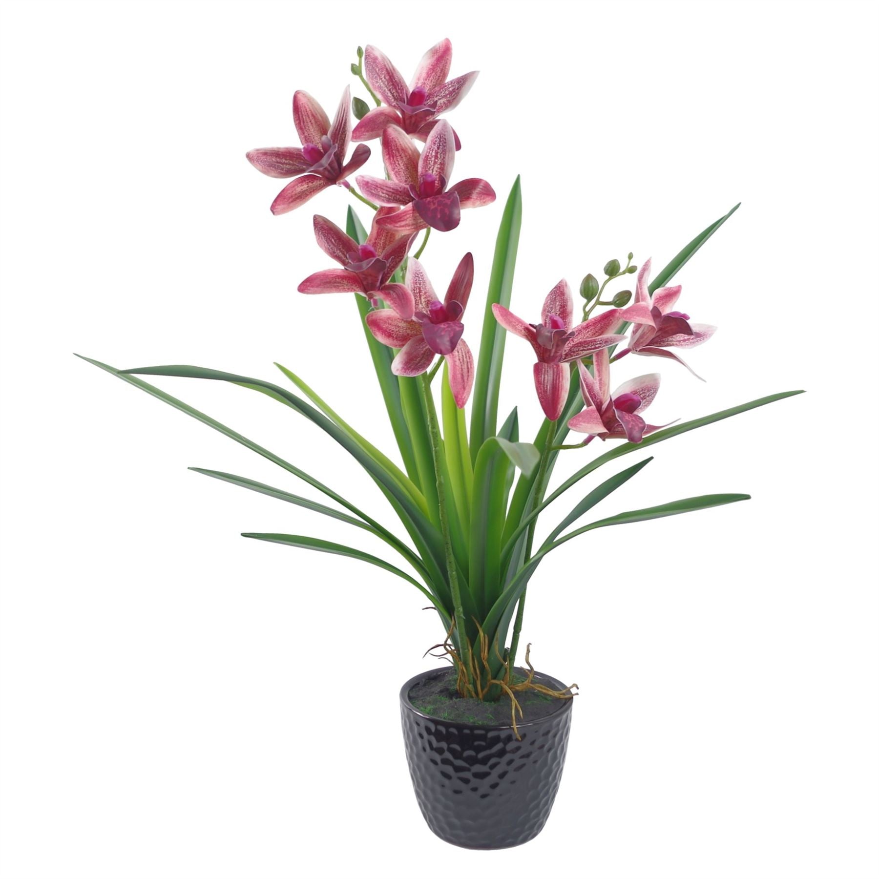 Leaf 50cm Dark Pink Artificial Orchid in Ceramic Planter, Fully Potted Ready to Display