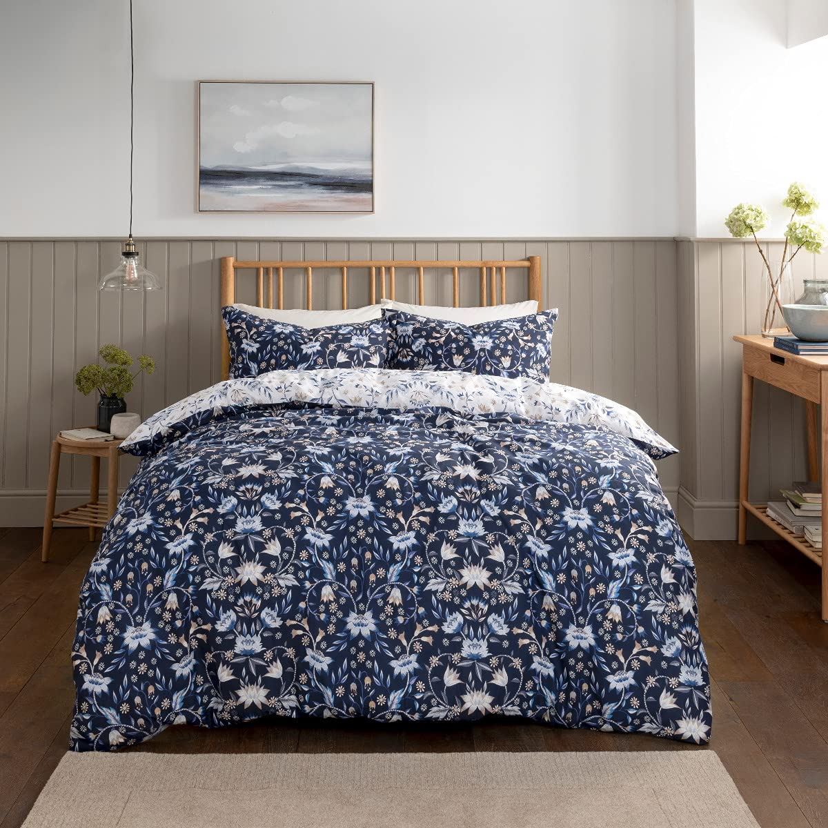 Sleepdown Floral Damask Reversible Double Duvet Cover Set with 2 Pillowcases Blue