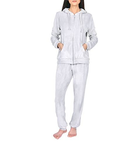 Sleepdown Women’s Grey Velour 2 Piece Tracksuit, Hooded Zip Up Long Sleeve Top with Pockets and Elasticated Waist Jogger