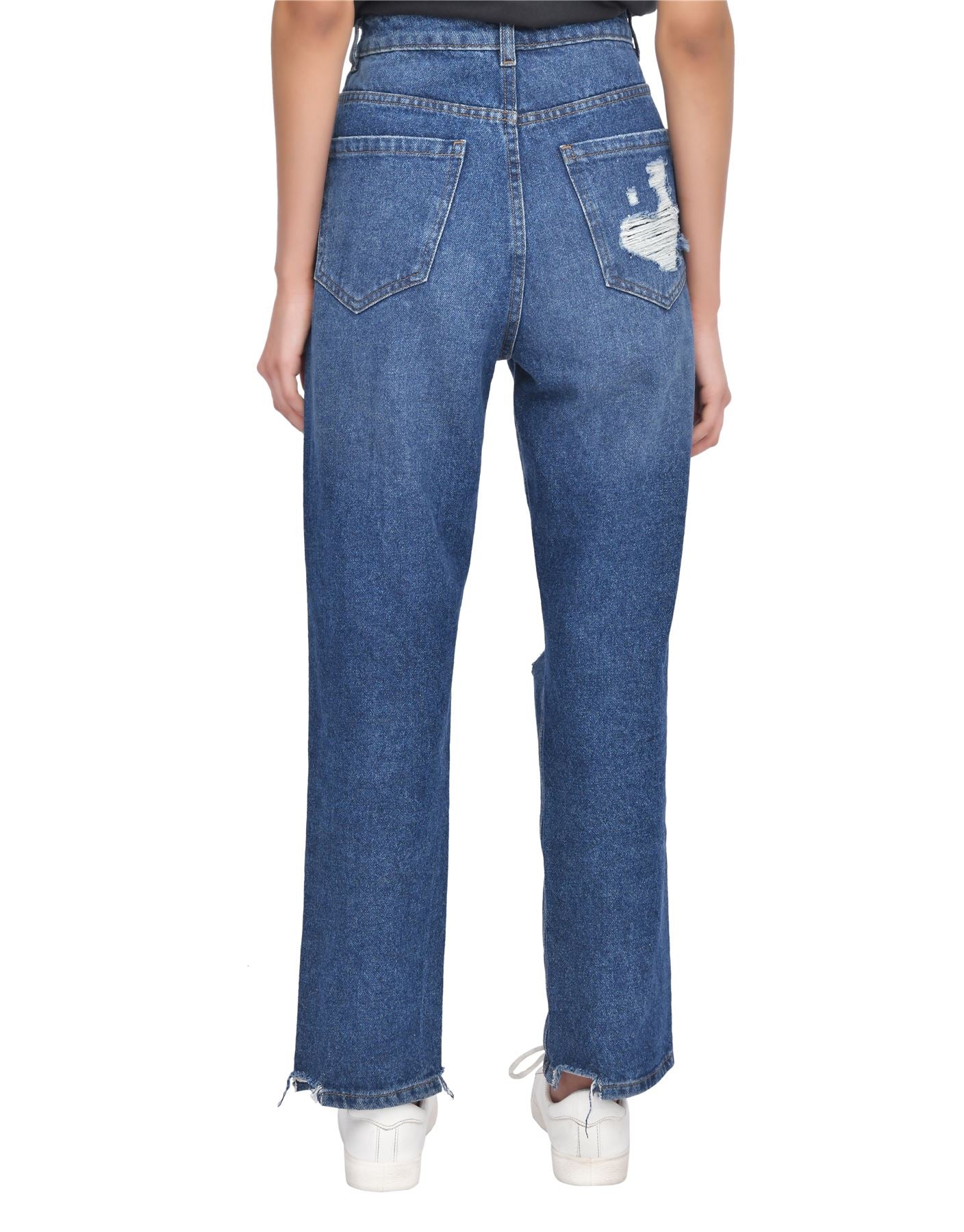 M17 High Waisted Torn Hem Rip Dark Wash Mom Jeans