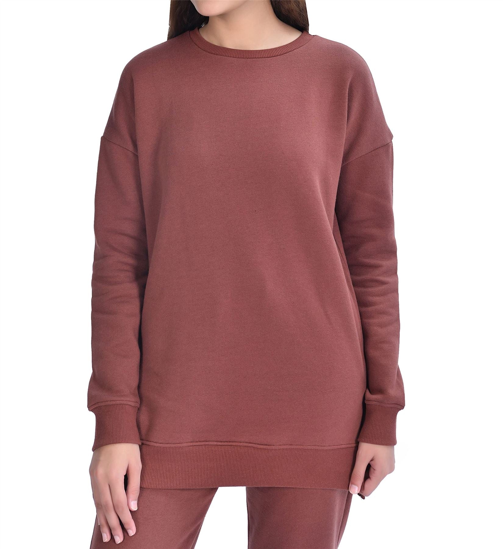 M17 Womens Classic Plain Crew Neck Sweatshirt Jumper Chocolate