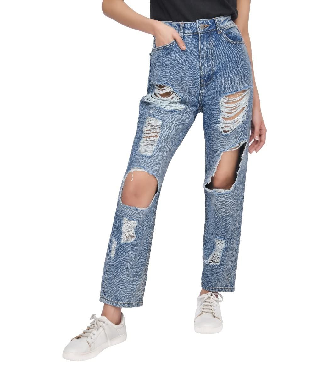 M17 Multi Rip High Waisted Mom Jean Mid Wash