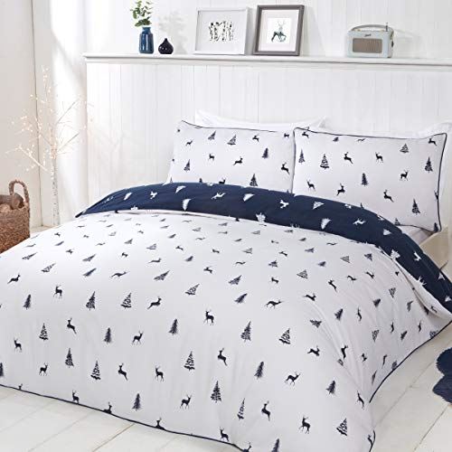 Sleepdown Stag and Trees Reversible Navy Duvet Cover Set with 2 Pillowcases