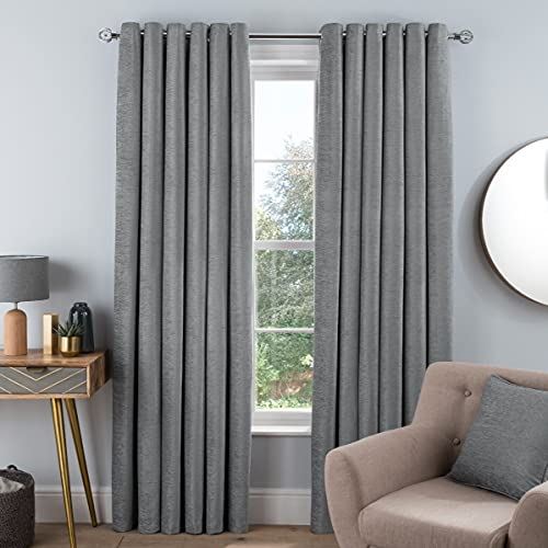 Sleepdown Chenille Eyelet Curtains 46 x 54 Silver, Ready to Hang, Lined, Set of 2