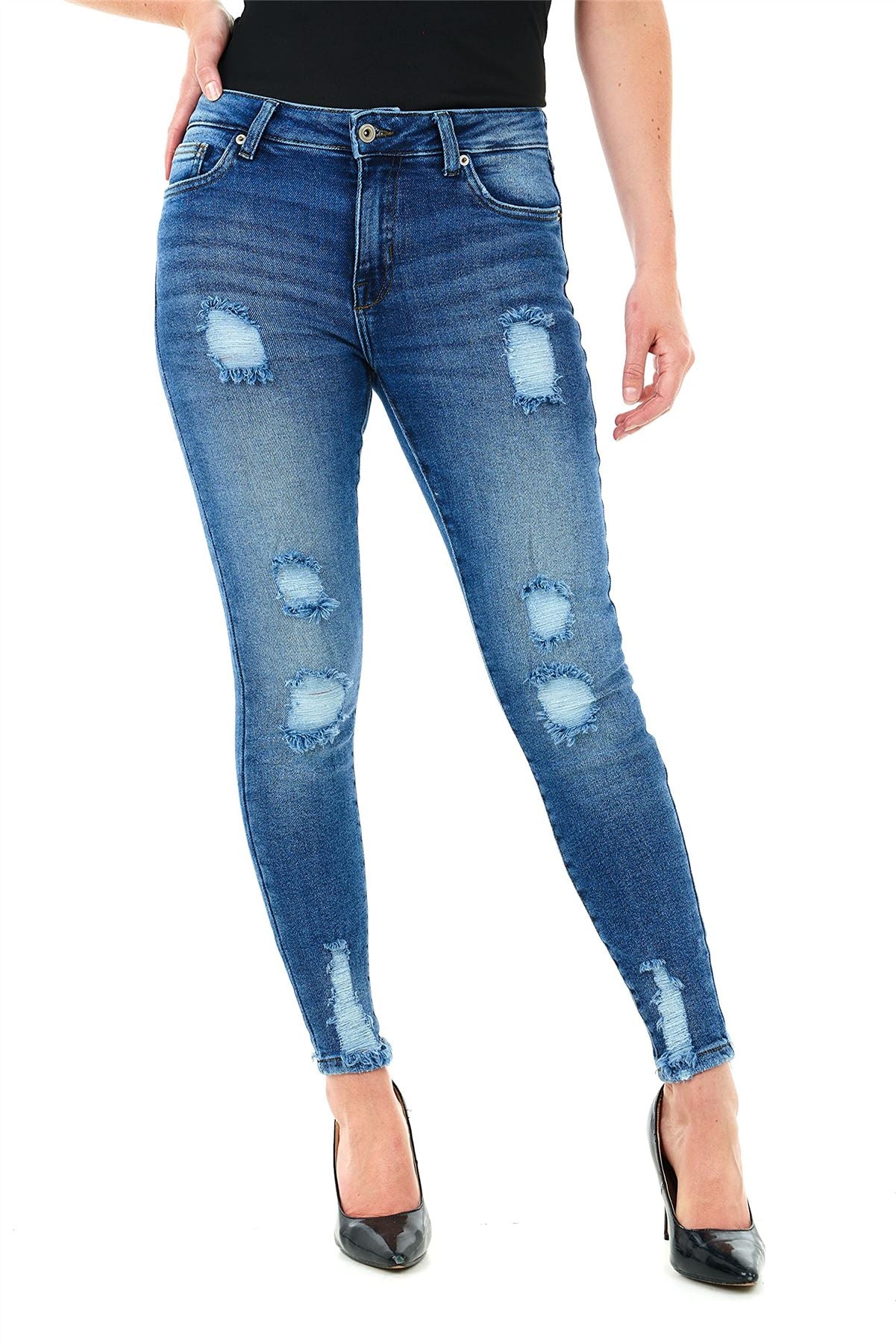 M17 Skinny Fit Ripped Stretchy Denim Jeans, Dark Blue Wash