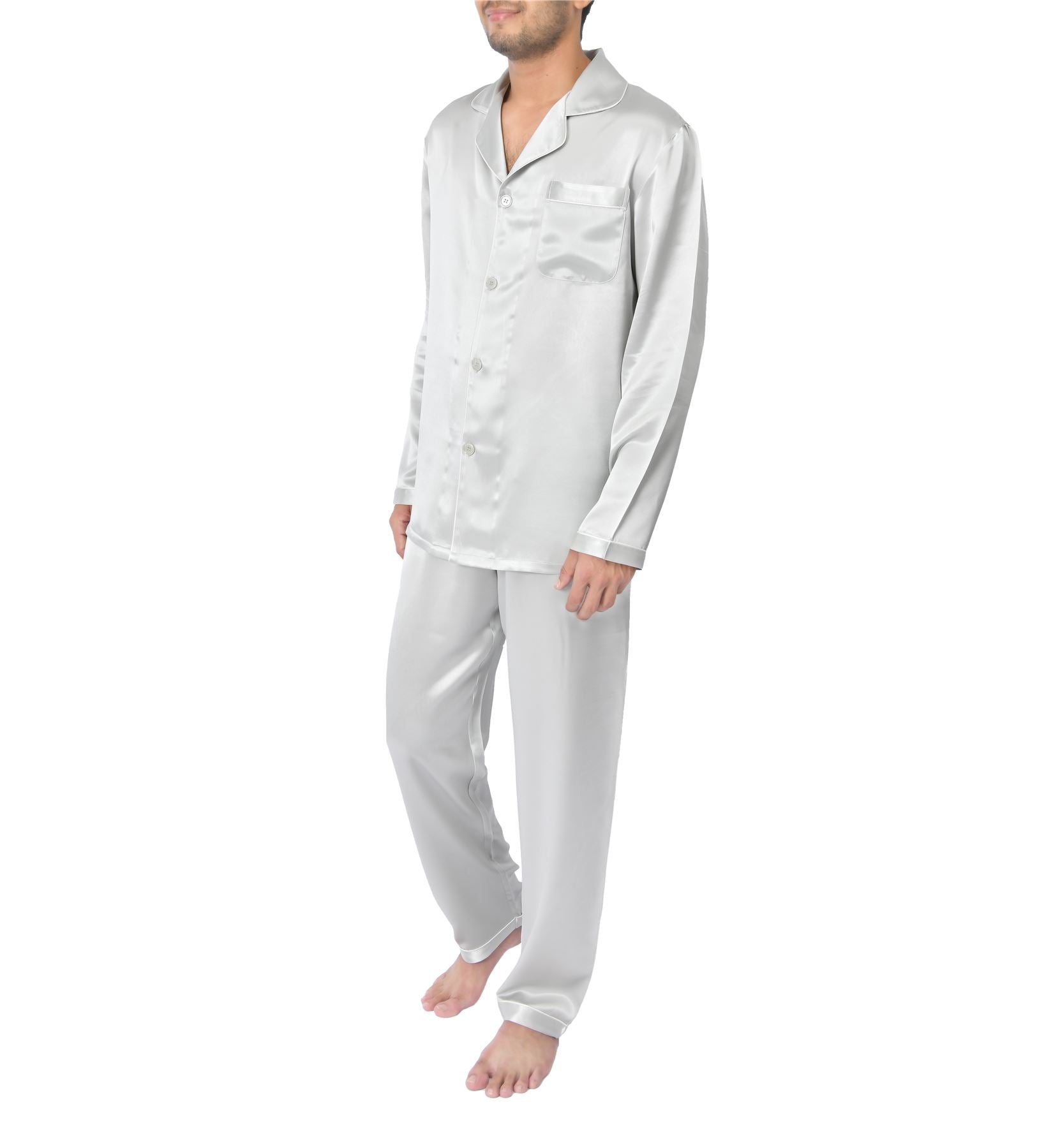 Sleepdown Men’s 100% Silk Long Pyjama Set, 22 Momme, Silver