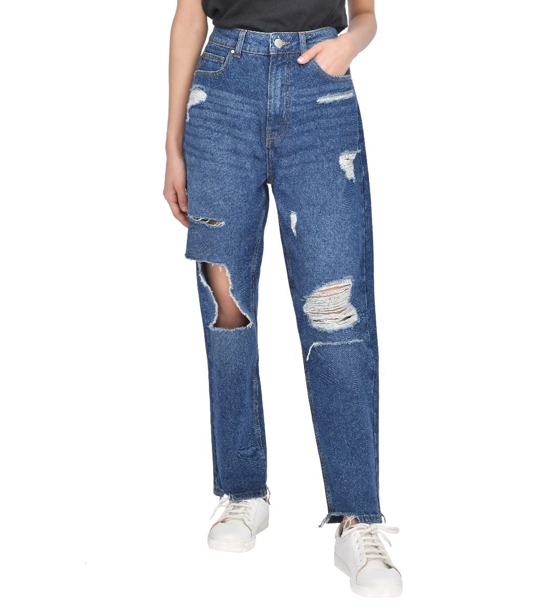 M17 Torn Hem Rip High Waisted Mom Jeans Dark Wash