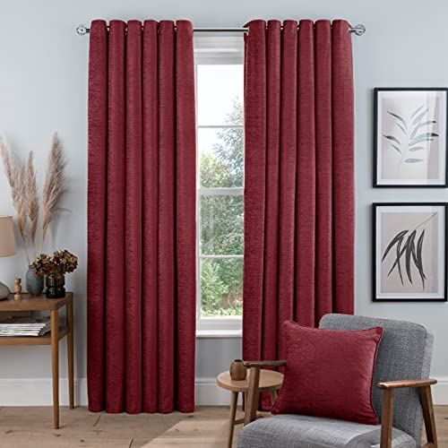 Sleepdown Red Chenille Eyelet Curtains, Ready to Hang, Lined, Set of 2, 46 x 54