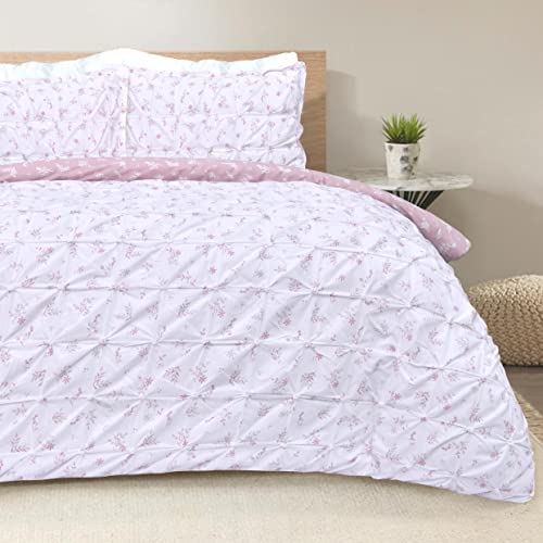 Sleepdown Rouched Pleat Ditsy Leaves Reversible Duvet Cover Set - Single Bed - Essential Bedding Range
