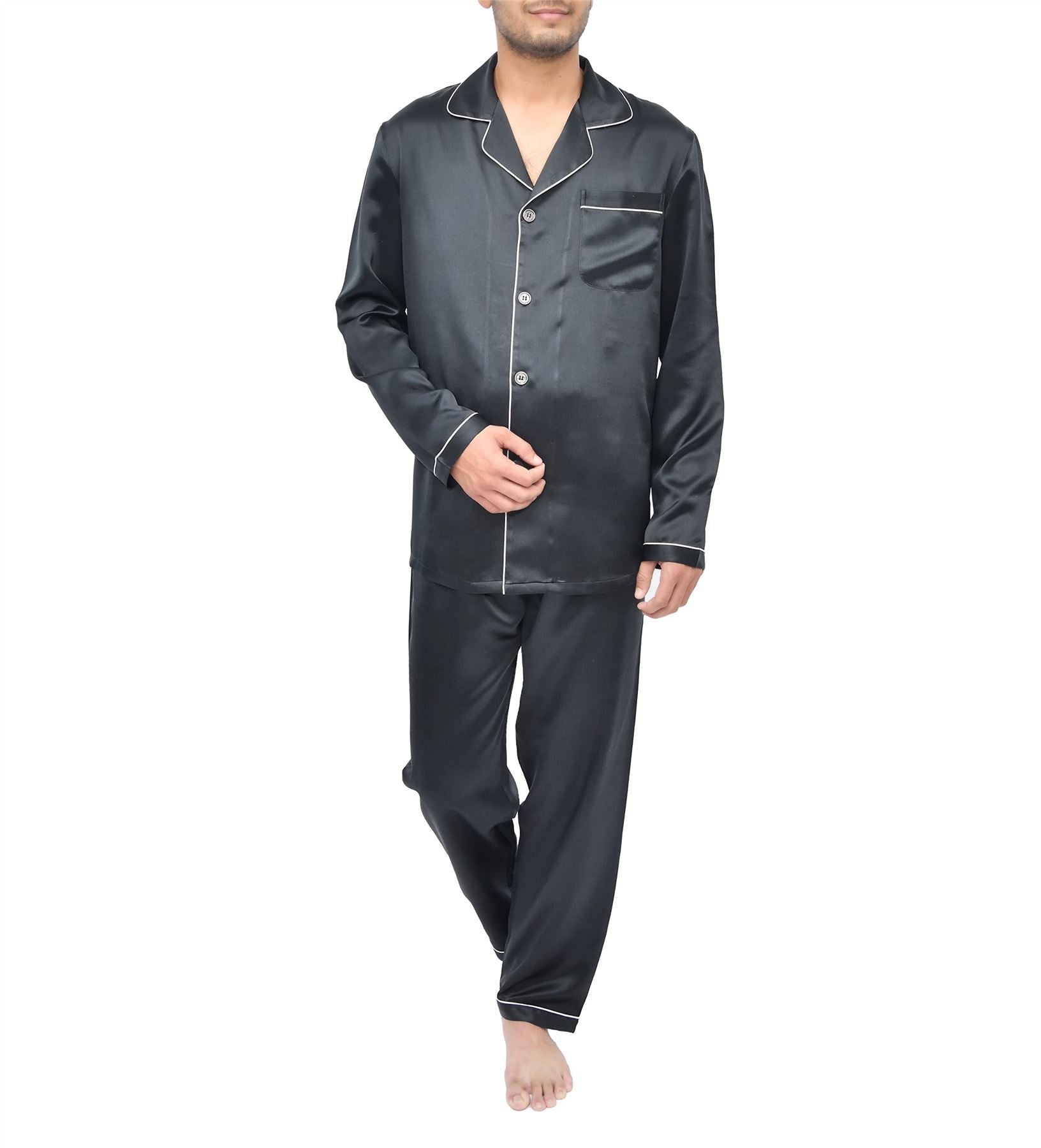 Sleepdown Mens Black 100% Silk 22 Momme Long Pyjama Set