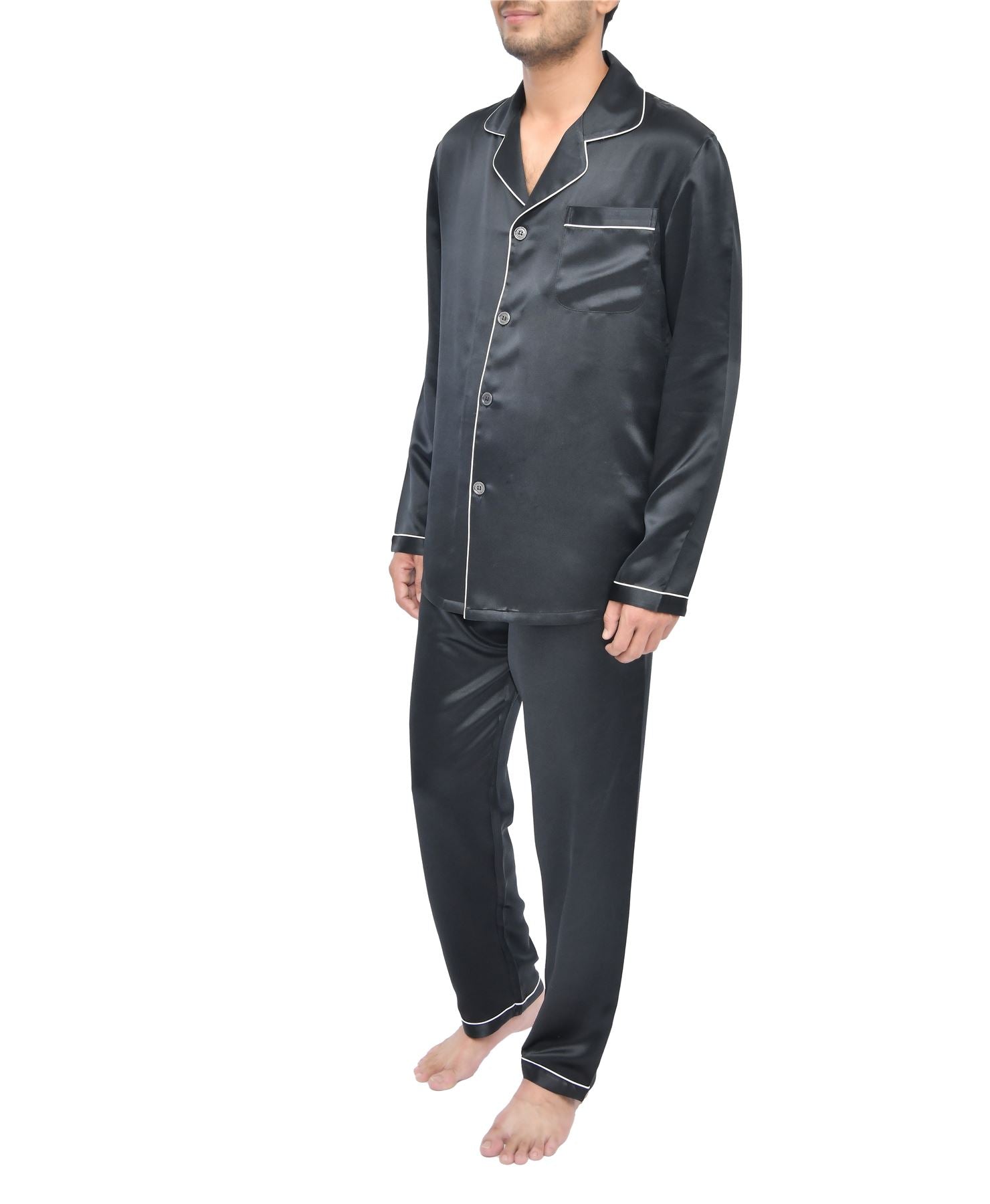 Sleepdown Mens Black 100% Silk 22 Momme Long Pyjama Set