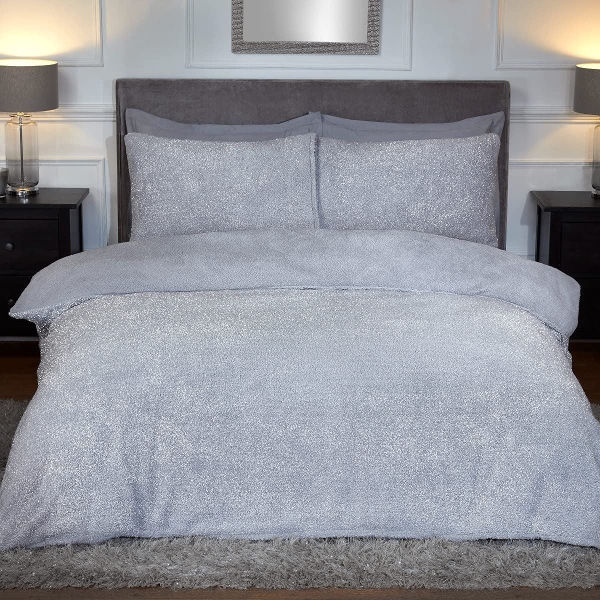 Sleepdown Luxury Sparkle Teddy Fleece Duvet Cover Set Grey Double with 2 Pillowcases