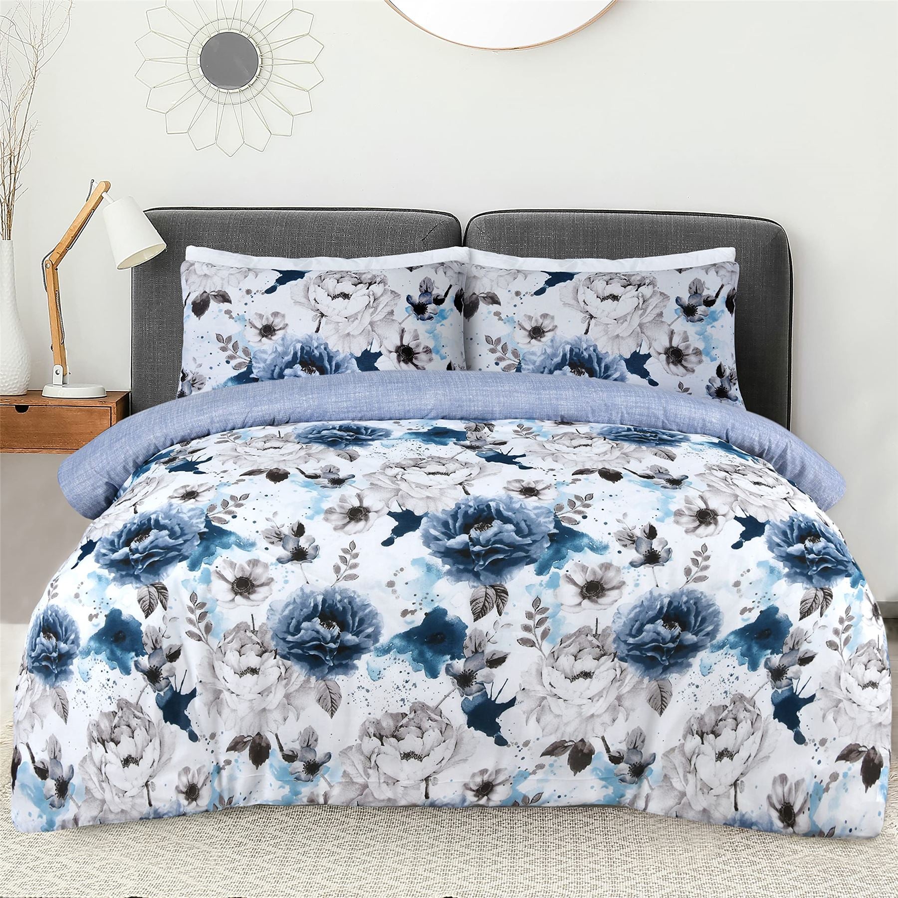 Sleepdown Inky Floral Blue Duvet Cover Set