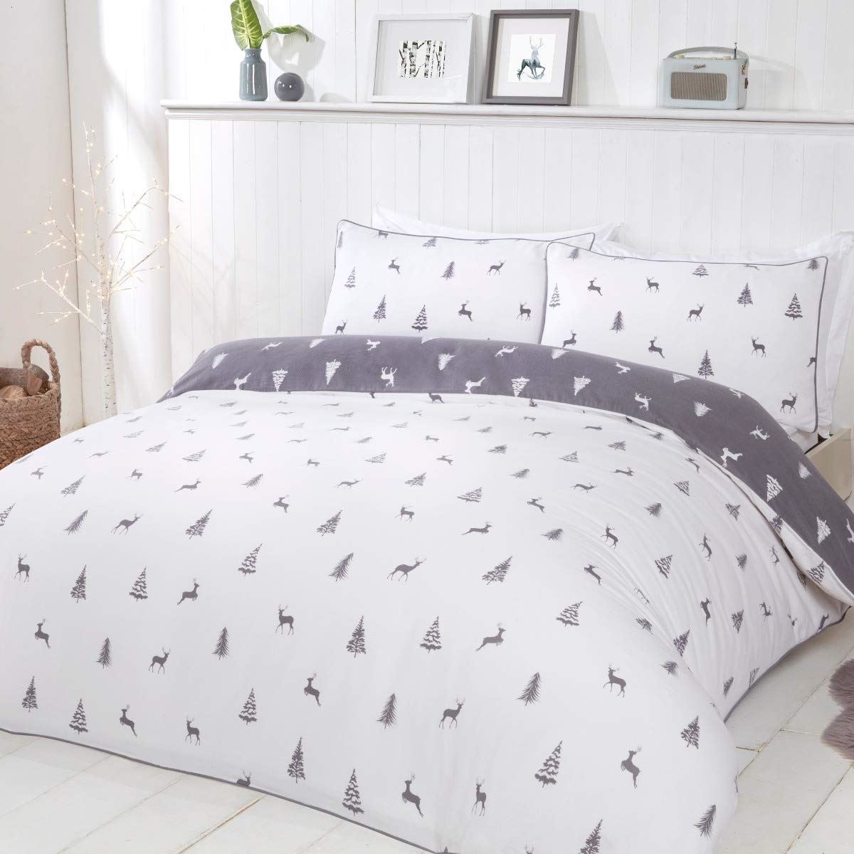 Sleepdown Stag and Trees Grey Reversible Double Duvet Cover Set with 2 Pillowcases, Brushed Cotton Bedding Range