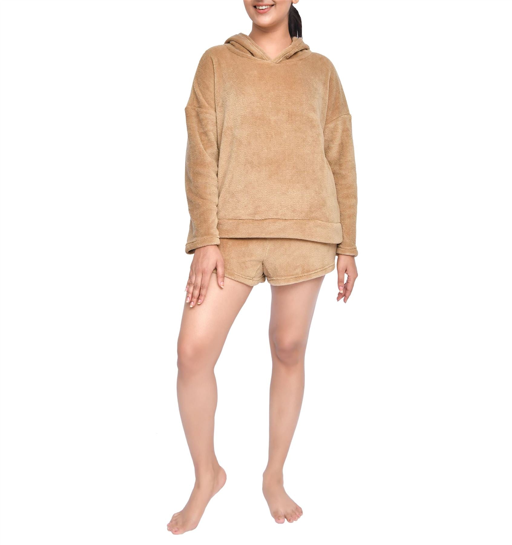 Sleepdown Ladies Coral Fleece Hoodie and Short Loungewear Set, Cozy Relaxed Fit