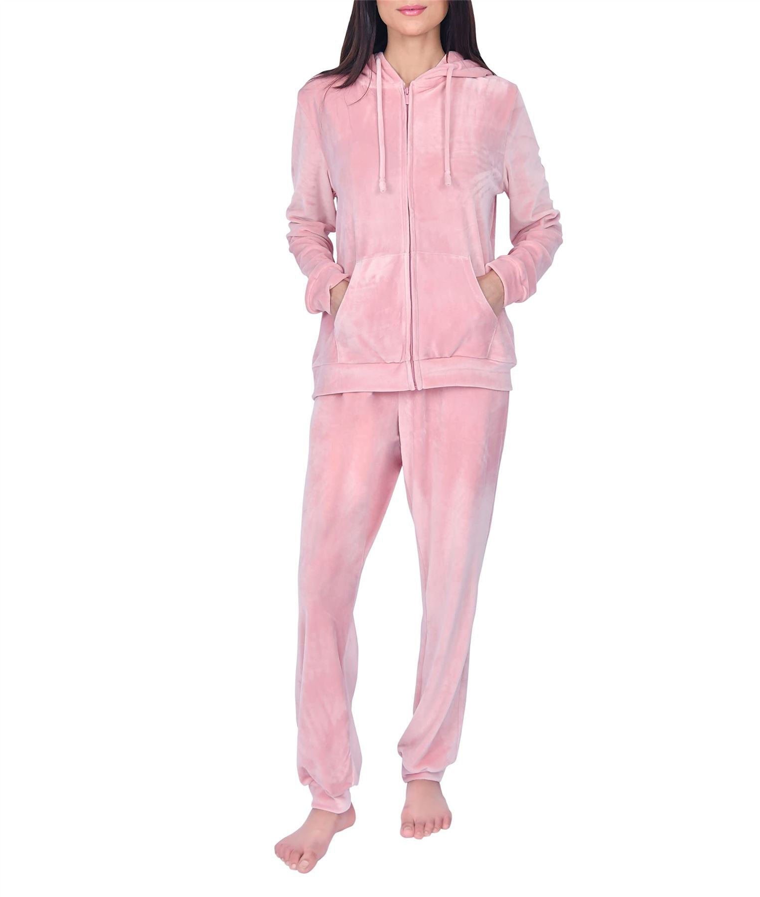 Sleepdown Women's Pink Velour Tracksuit 2 Piece Hooded Zip Up Top and Jogger Set