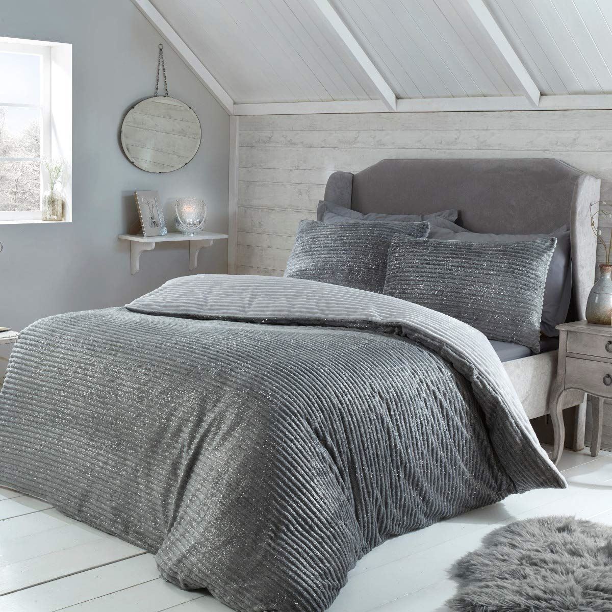 Sleepdown Ribbed Teddy Fleece Grey Reversible Bedding Set with Pillowcases, Duvet 200cm x 200cm, Pillowcases 48cm x 74cm