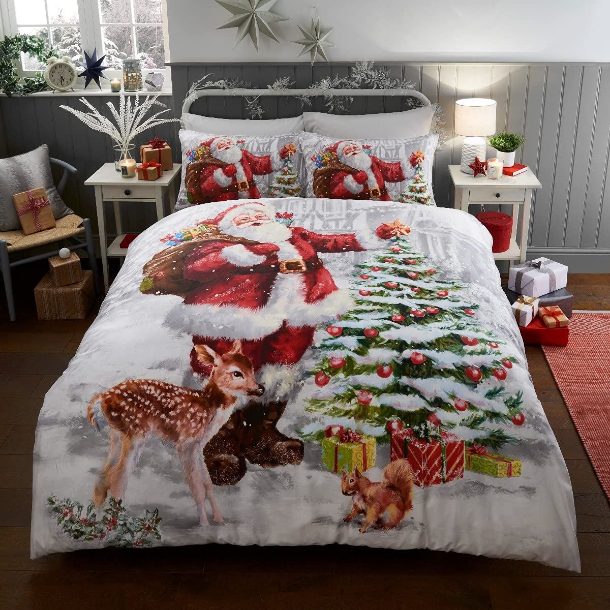 Sleepdown Illustrated Father Christmas Reversible Christmas Duvet Cover and Pillowcase Set Double with Two Pillowcases: Christmas Santa Bedding Set