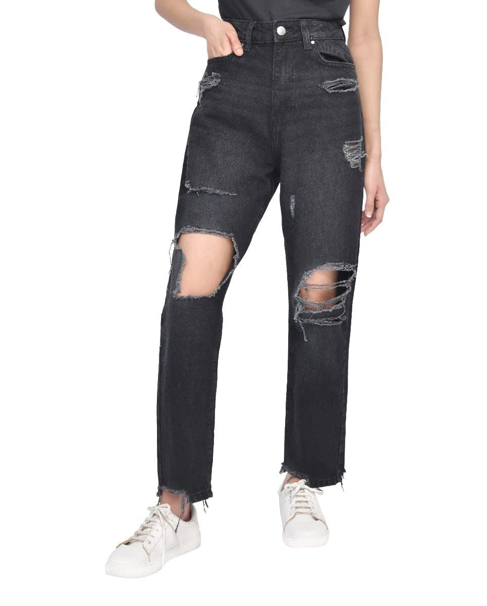 M17 Torn Hem Rip High Waisted Mom Jeans Black