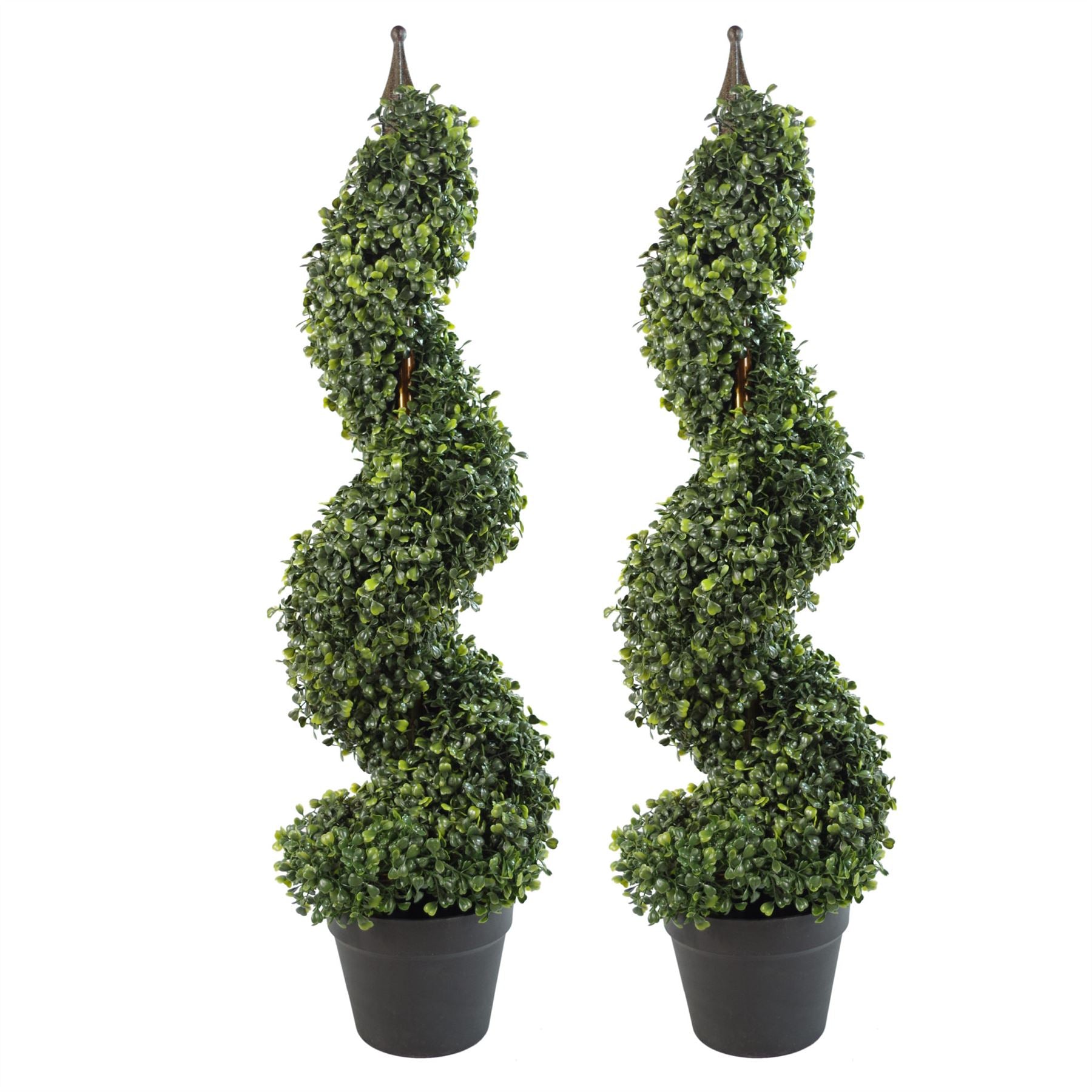 Pair of 90cm Tall Artificial Boxwood Tower Trees with Spiral Topiary and Potted Base
