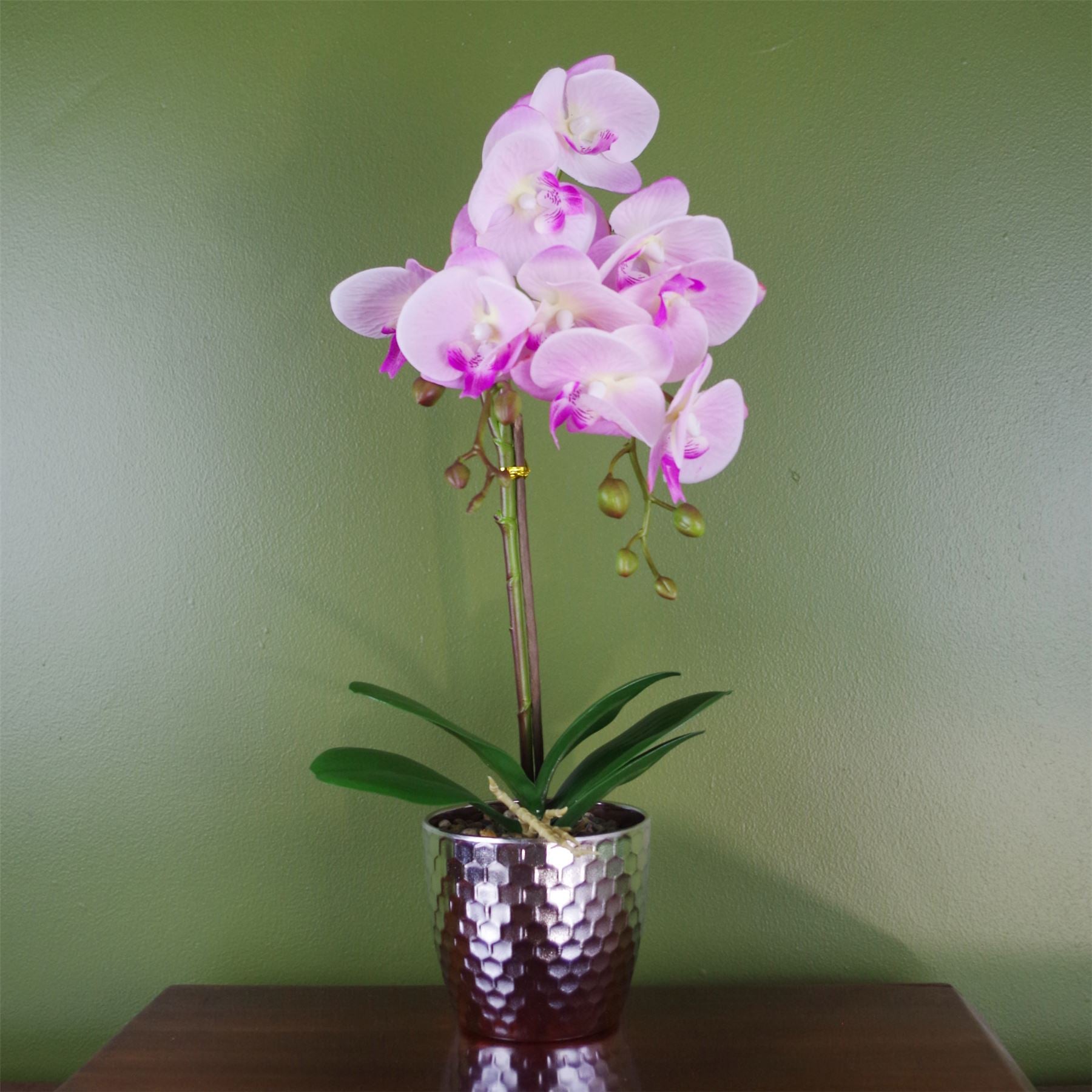 Leaf 50cm Artificial Phalaenopsis Orchid, Light Pink, Silver Decorative Pot, Real Touch Flowers and Leaves