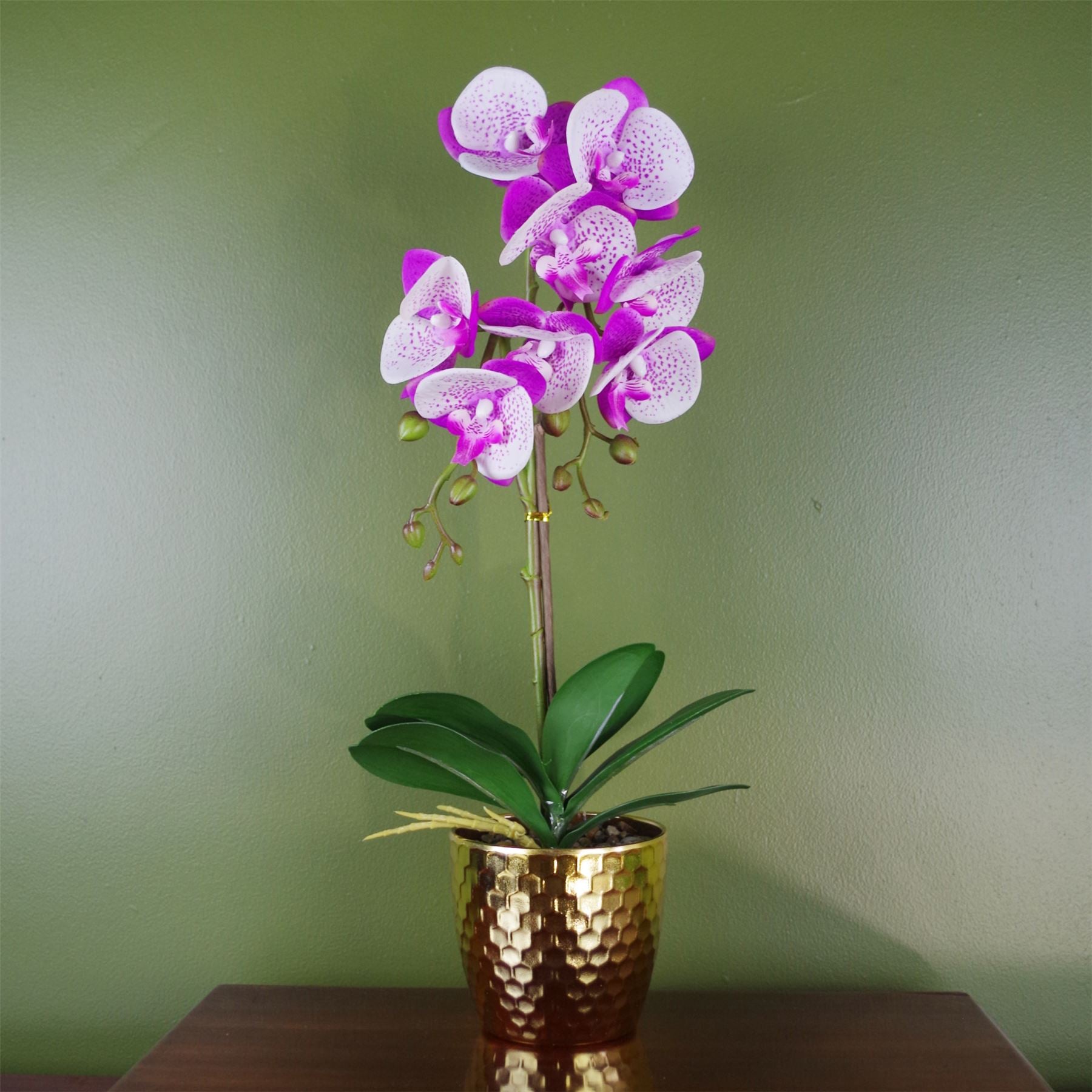 50cm Artificial Phalaenopsis Orchid with Decorative Gold Pot, Real Touch Leaves, 9 Flowers