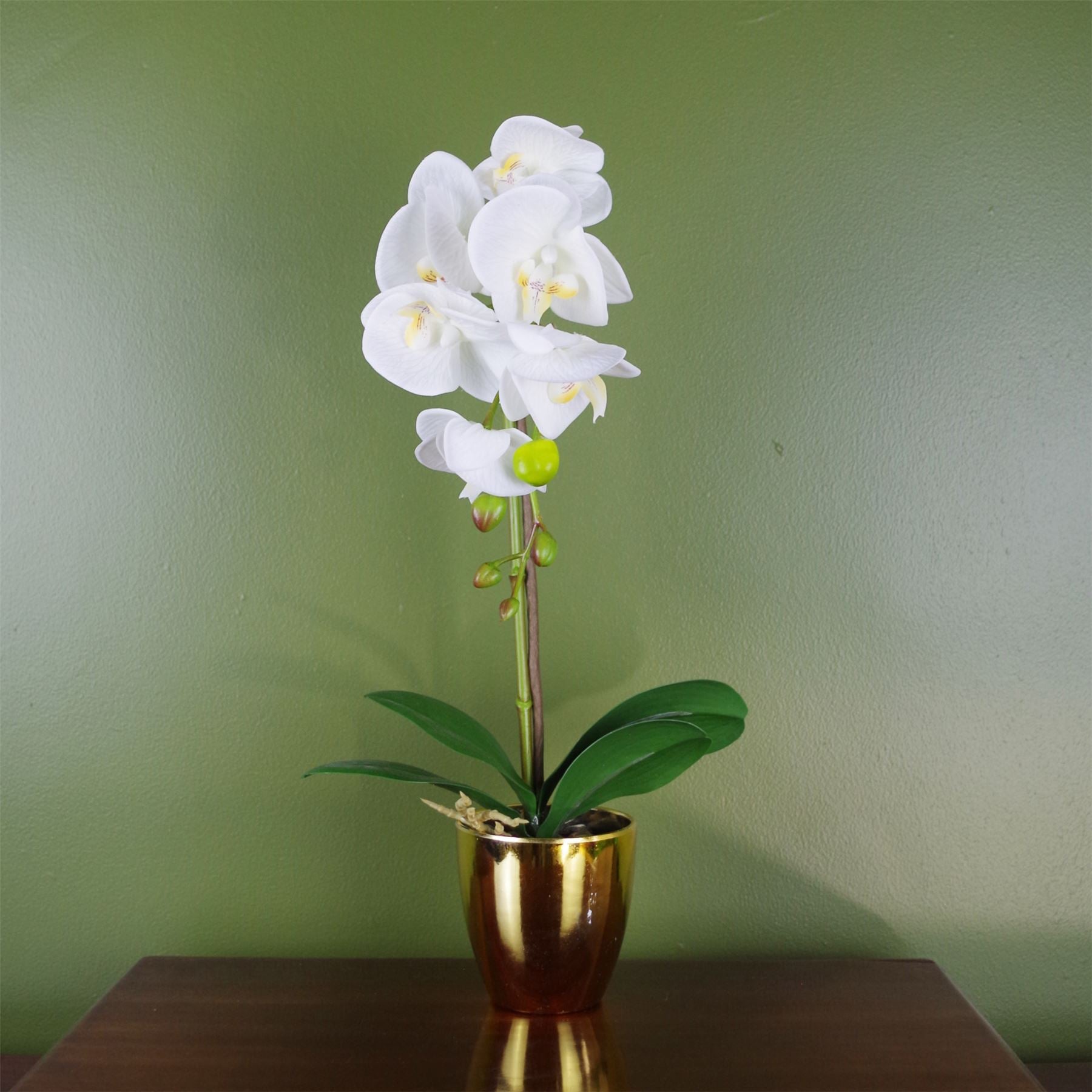 Leaf 46cm Artificial White and Gold Orchid in Decorative Pot