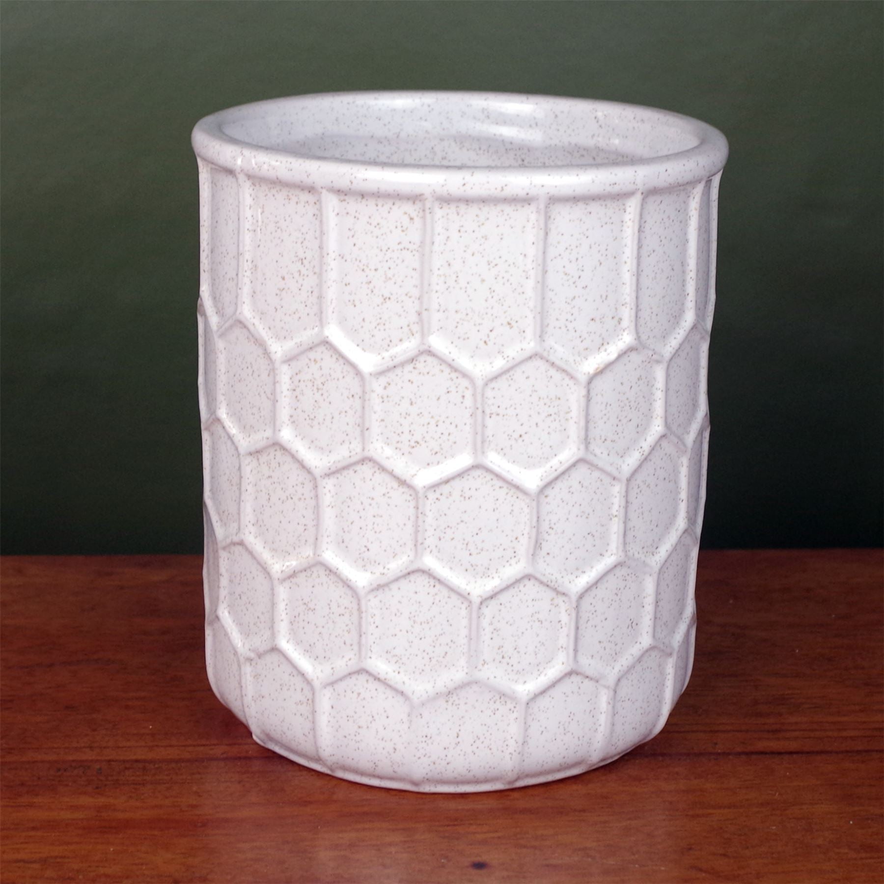 White Honeycomb Speckled Ceramic Indoor Planter Pot 14 x 14 x 16 cm